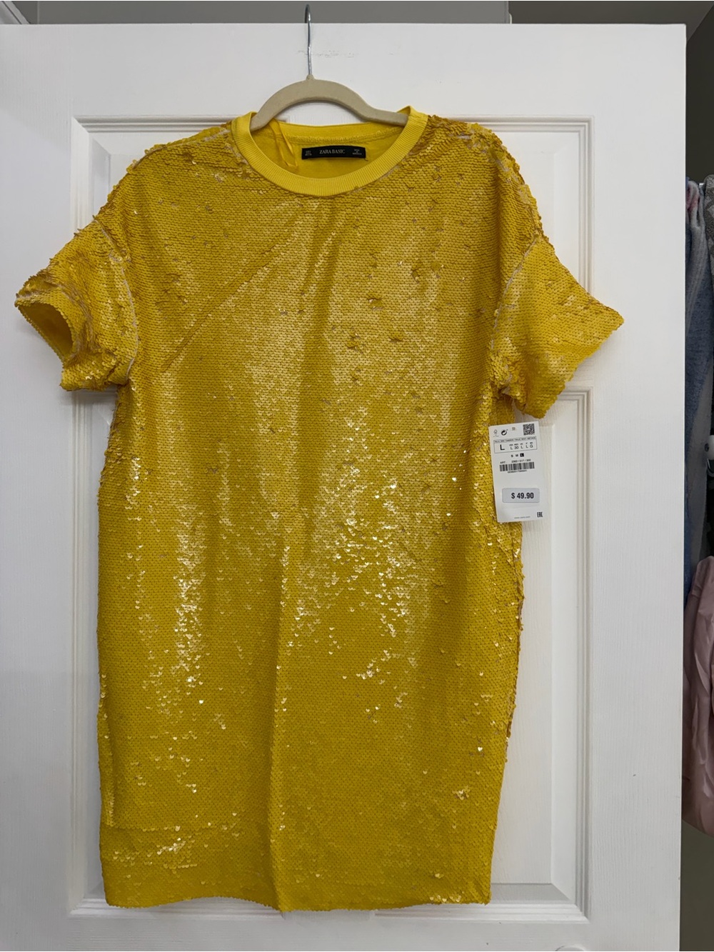 ZARA Basic Yellow Sequin T-Shirt Dress – Size L – New With Tags